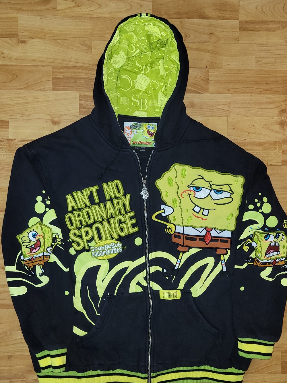 Nickelodeon SpongeBob SquarePants Y2K JH Design Black & Neon Green Hoodie, XL